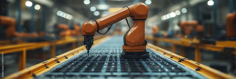 Poster robotic arm carrying out a precise manufacturing task in a futuristic,high-tech industrial workspace