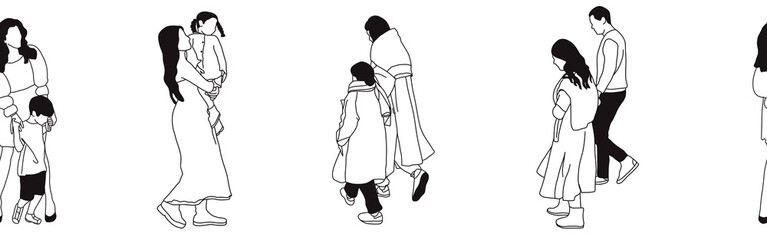 Hand-drawn doodle family border. Outline family clipart. Hand-drawn black art.