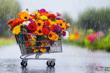 A shopping cart filled with flowers on a rainy day