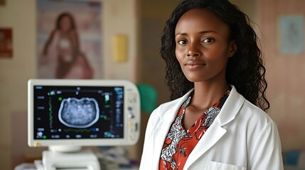 Doctor using a handheld ultrasound device in a rural healthcare clinic, reaching out to underrepresented communities and focusing on accessible care with empty space for text