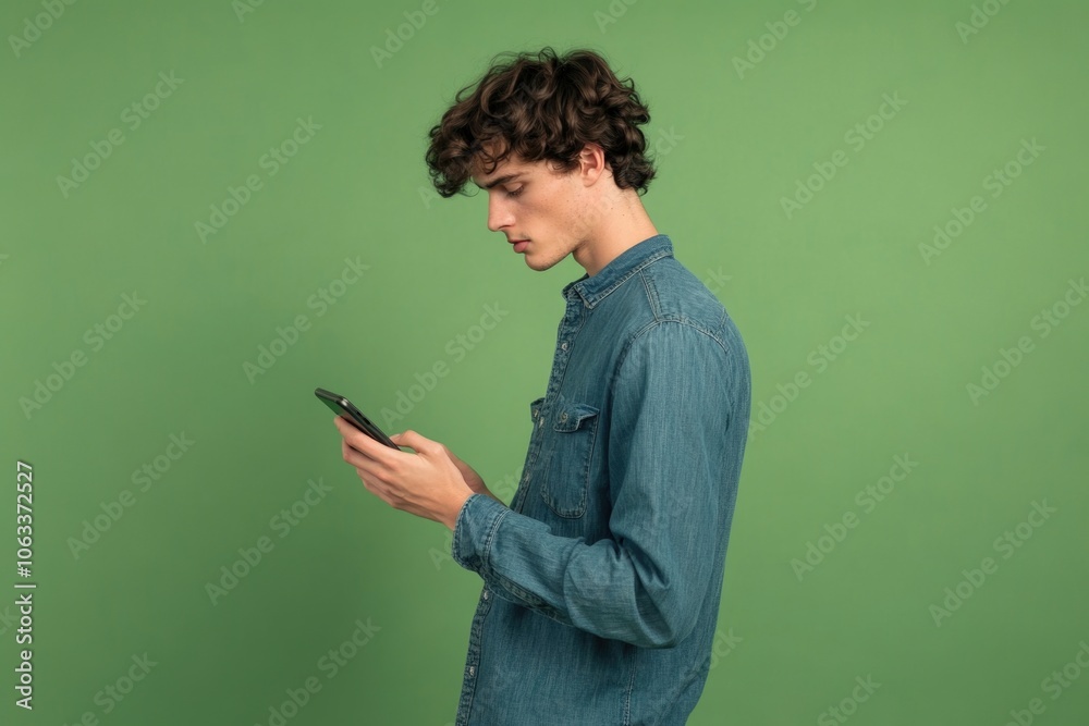 Poster a person examining their mobile device, possibly checking messages or social media