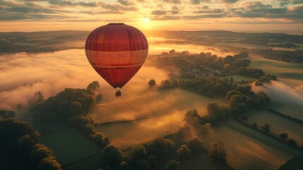Hot Air Balloon Ascending Over Foggy Fields at Sunrise