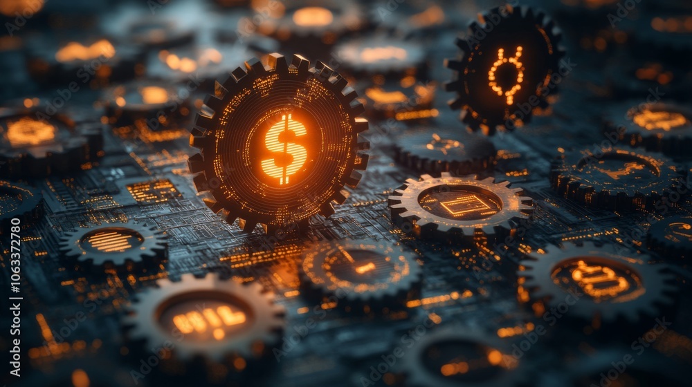 Aufkleber gears featuring currency symbols are set against a dark circuit board, illustrating the intersection