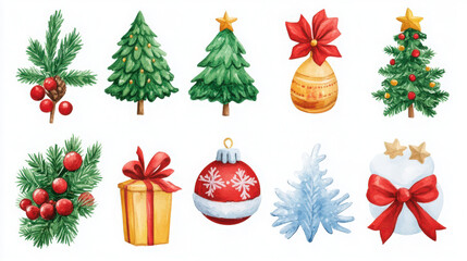 Icons set of Christmas decorations on transparent background