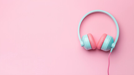 Pastel blue and pink headphones on a pink background. Music concept with space for text.