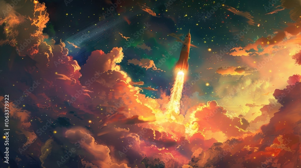 Poster a colorful illustration of a rocket soaring through the clouds