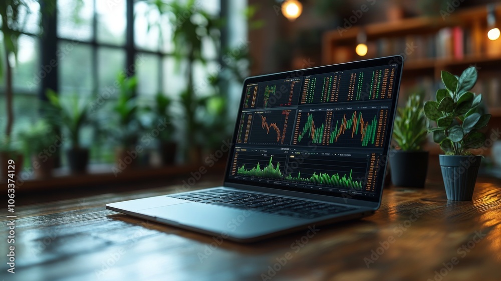 Poster a sleek laptop displays various trading charts and data amidst a cozy, well-lit workspace filled wit