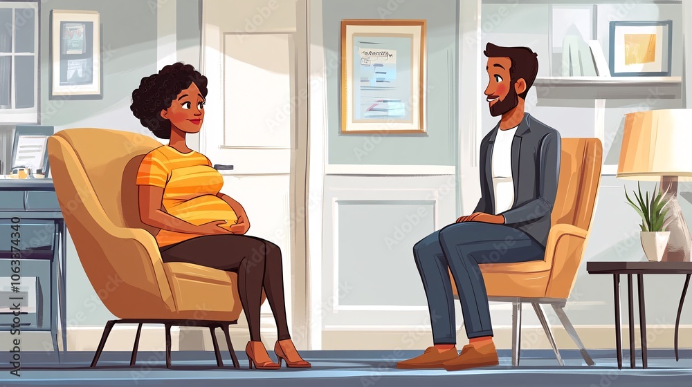 Poster Doctor conducting a wellness check for a pregnant patient, explaining each step and sharing a warm, supportive interaction in an OB-GYN clinic with empty space for text