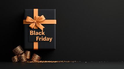 A stylish black gift box with a golden bow and Black Friday text, surrounded by shimmering sparkles. Perfect for promotions and holiday sales. Copy space. 