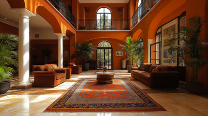 Obraz premium A sun-drenched interior courtyard of a hotel lobby, showcasing rich terracotta tones and plush seating.