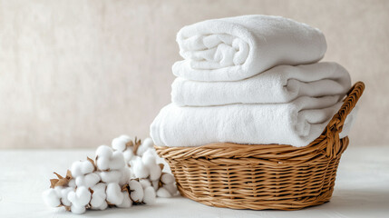 Soft white towels neatly stacked in a wicker basket. Gentle, scented and cotton laundry with copy space. 