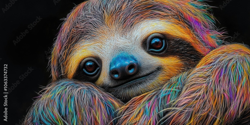 Poster a close-up view of a sloth's face on a dark black background