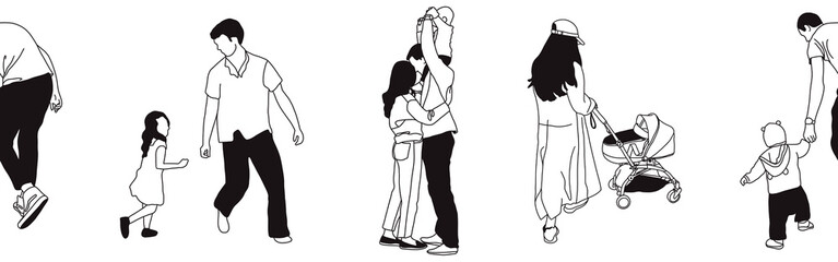 Hand-drawn doodle family border. Outline family clipart. Hand-drawn black art.