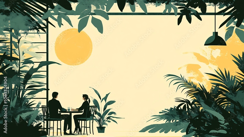 Poster Counselor and client seated in a therapy room filled with greenery and natural elements, creating a serene atmosphere that encourages relaxation with empty space for text