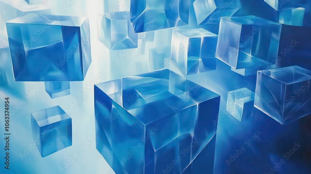 Poster Abstract image of floating transparent cubes in shades of blue and light.