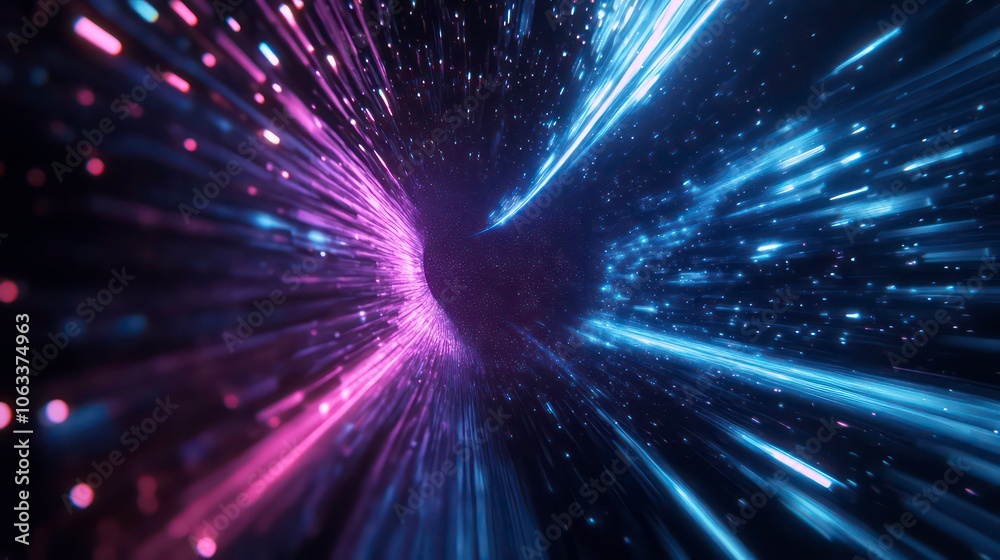 Poster This 3D rendering features a blue purple light line weaving through a dark background, and a hyperspeed warp in space.