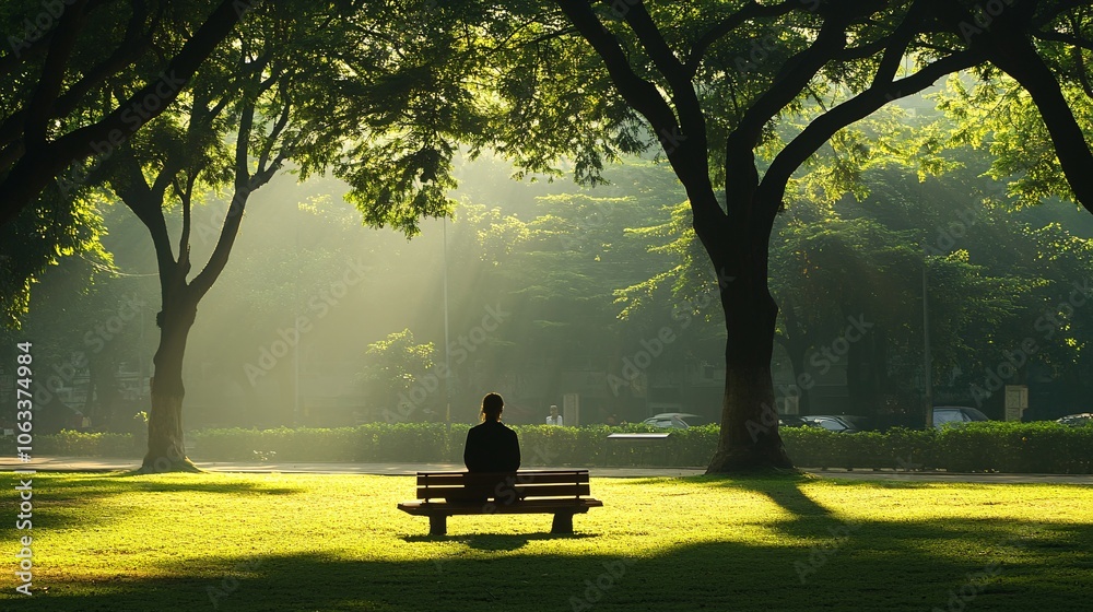 Poster person practicing deep breathing techniques in a park, focusing on calm and mental clarity through n