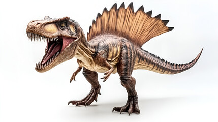 spinosaurus biting a dinosaur body with blood on white background , spinosaurus toy stands isolated on white background , Spinosaurus was a really big dinosaur eating meat
