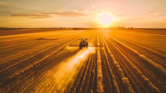 Golden fields at sunset with a hardworking farmer harvesting crops

