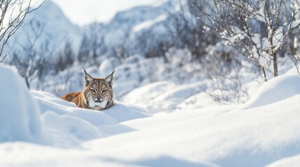 A lynx lies down in the snow, with a mountain in the background