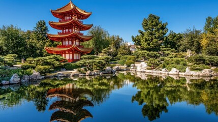 A traditional Japanese pagoda with curved roofs