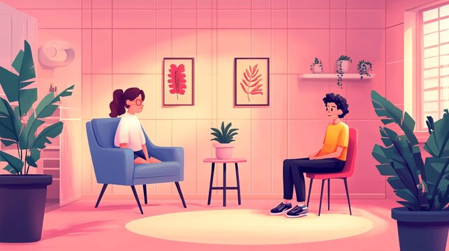 Therapist using art therapy tools to help a client express emotions, encouraging creativity and healing in a colorful, supportive space with empty space for text