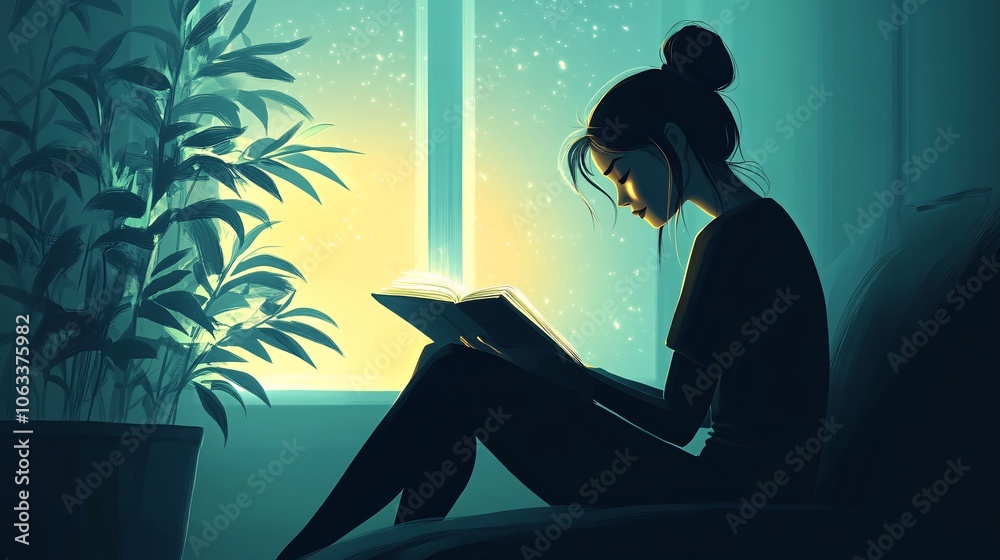 Poster individual practicing self-care through reading in a cozy home environment, surrounded by plants and