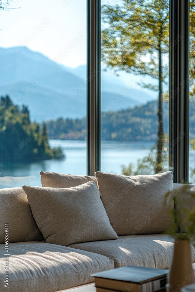 Poster a comfortable couch next to a window with a beautiful mountain view