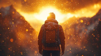 Backpacker Silhouetted Against a Dramatic Golden Sunset