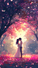 Romantic Hug in Anime Style: Kawaii Couple with Lofi Colors
