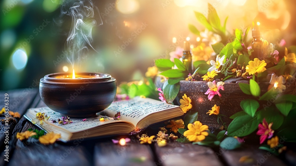 Poster Individual using a journal and aromatherapy in a self-care routine, focusing on personal well-being in a calming, natural setting with empty space for text