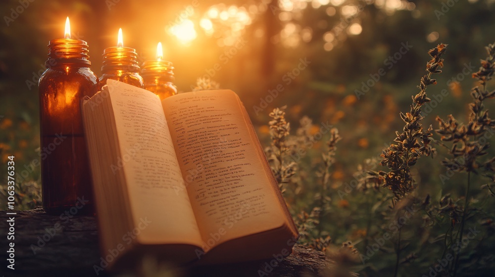 Aufkleber Individual using a journal and aromatherapy in a self-care routine, focusing on personal well-being in a calming, natural setting with empty space for text