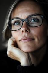 Portrait d'une femme portant des lunettes, expression pensive et regard intense.