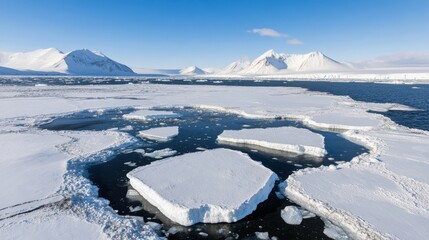 Panoramic aerial of icy waters scattered with broken glaciers, reflecting a surreal Arctic...