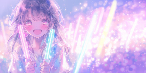 推しのアイドルを全力で応援して元気を養う女の子。水彩画風イラスト。