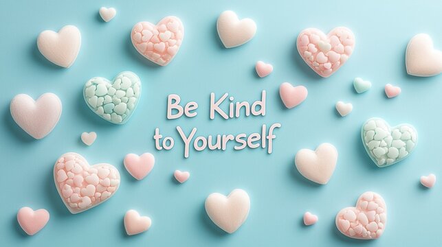 Concept of a motivational quote for a positive mindset affirmation. A calming arrangement of pastel heart-shaped candies with the text "Be Kind to Yourself" in the center - Powered by Adobe