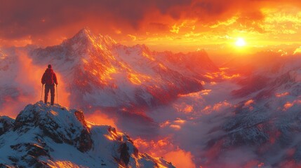 Lone Figure on Mountain Peak at Sunset