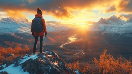 A lone hiker observes a breathtaking sunset over snowy peaks