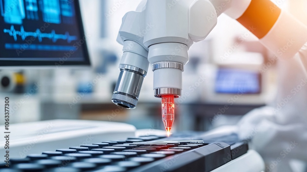 Poster Healthcare professional in a digital lab, using robotic-assisted tools for precise, high-tech procedures with empty space for text