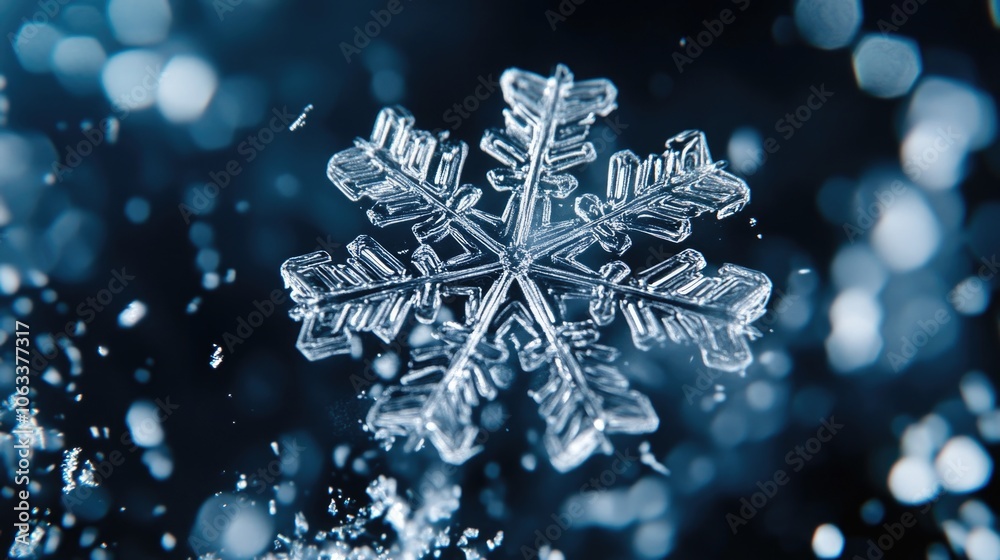 Poster Close-up shot of a single snowflake on a dark background