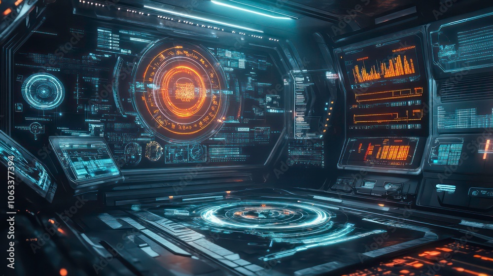 Aufkleber futuristic control room with advanced interfaces and holographic displays.