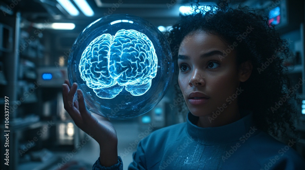 Aufkleber Doctor holding a holographic brain model, using augmented reality to explain a diagnosis to a patient with empty space for text