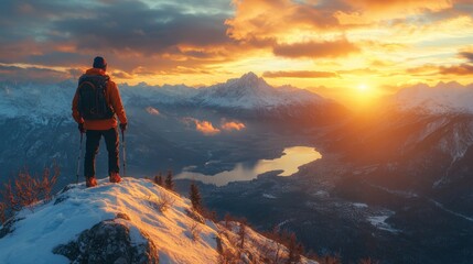 Hiker at Sunset in a Snowy Mountain Landscape