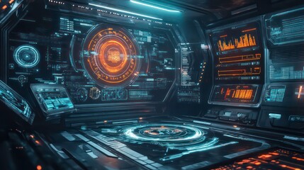 Futuristic control room with advanced interfaces and holographic displays.