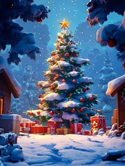 Illustration background with Father Christmas and Christmas tree at Christmas time