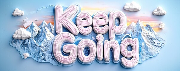 Concept of a motivational quote for a positive mindset affirmation. A vibrant display of the phrase "Keep Going" set against stylized mountains and clouds promoting motivation and perseverance
