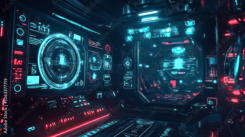 Poster futuristic control room with glowing interfaces and holographic displays.