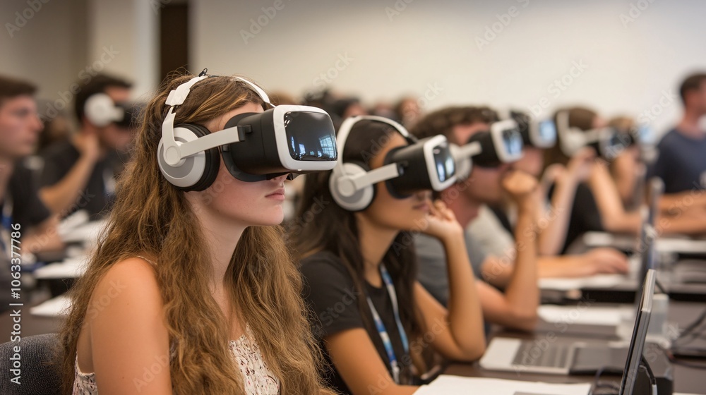 Leinwandbilder Medical students using VR headsets in a classroom setting, learning complex procedures through immersive simulation with empty space for text