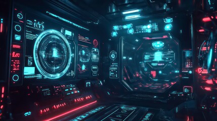 Obraz premium Futuristic control room with glowing interfaces and holographic displays.