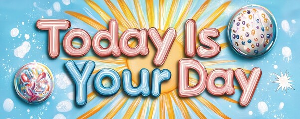 Concept of a motivational quote for a positive mindset affirmation. A vibrant illustration celebrating positivity with the phrase "Today Is Your Day" surrounded by colorful decorations